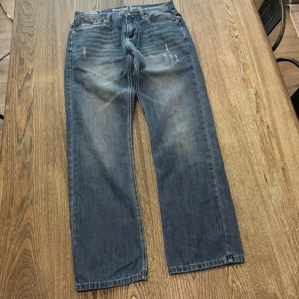 Request Jeans Straight Leg Mid Rise Distressed Denim Medium Wash Blue Size 32x32